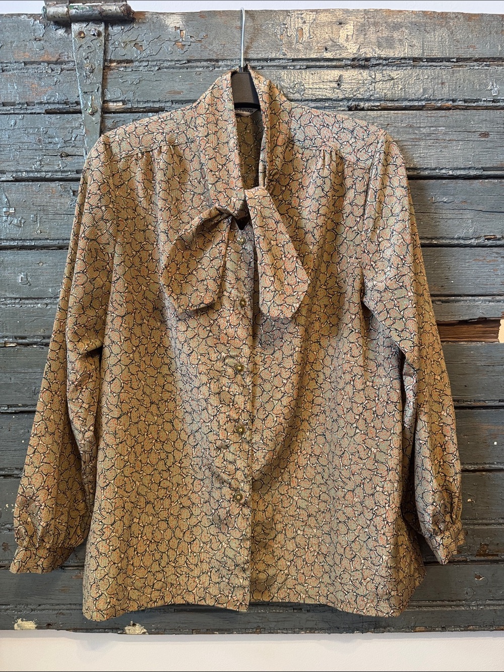 Vintage Green and Orange Floral Tie-Neck Blouse